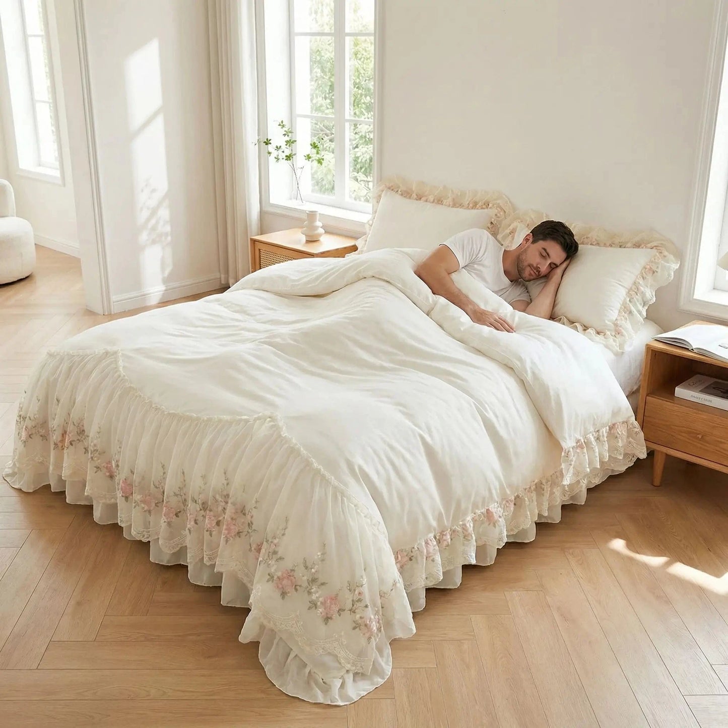 homme couché sous housse de couette 260x240 blanche broderie coréenne 