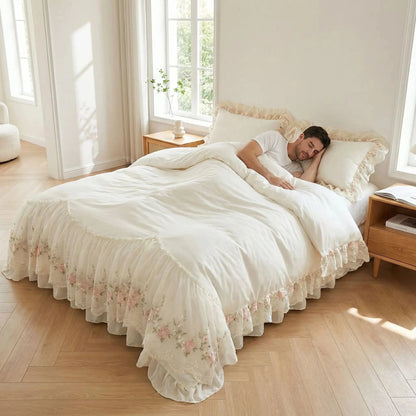 homme couché sous housse de couette 260x240 blanche broderie coréenne 