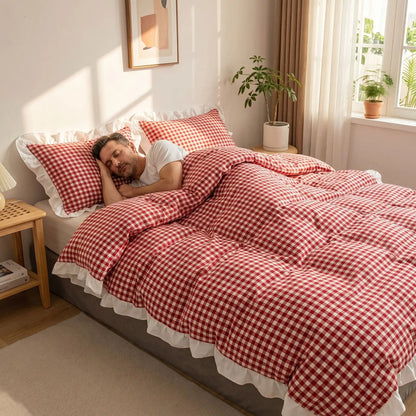 homme couché sous housse de couette 260x240 rouge carreaux dentelle