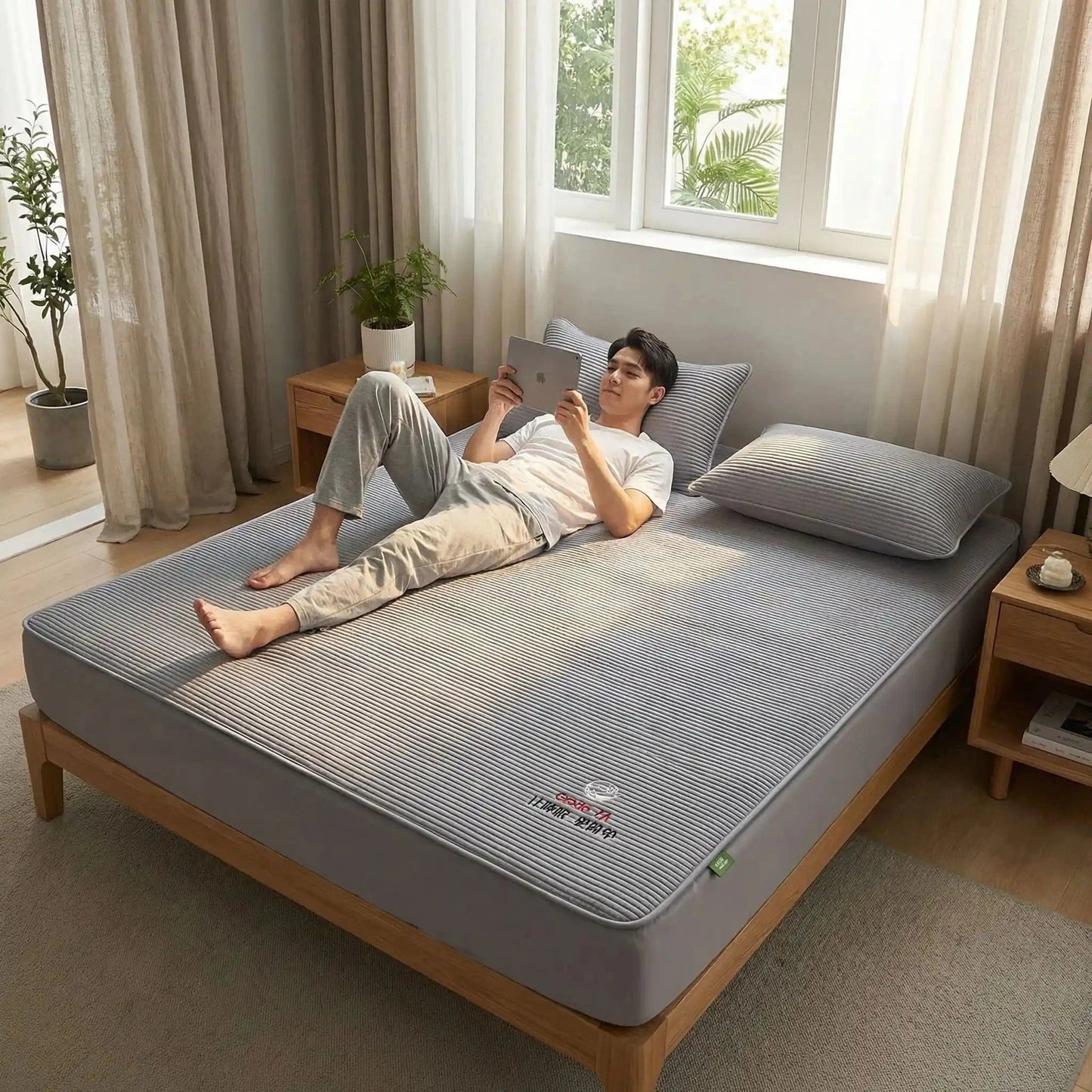 homme couché sur drap housse 90x190 cm gris coton naturel