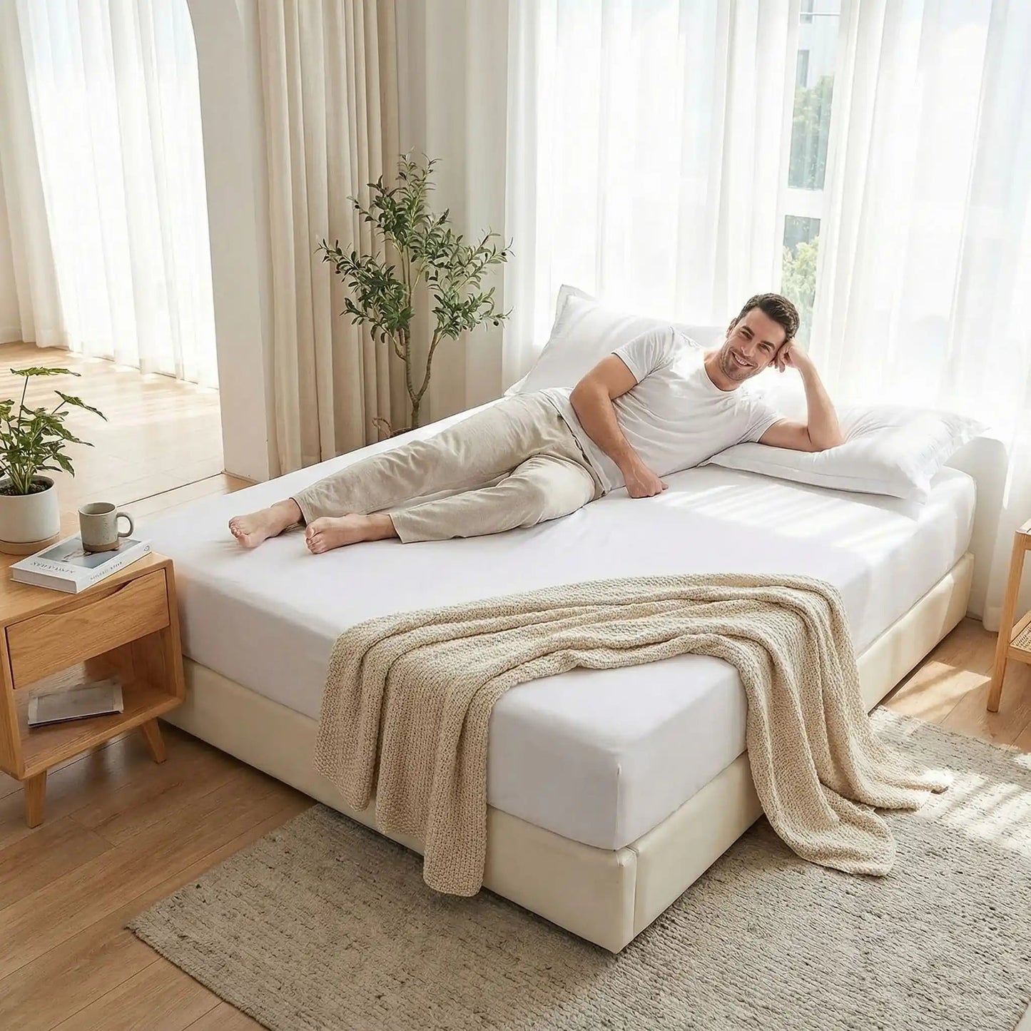homme couché sur drap housse blanc180x200 cm Antidérapant Ultra 