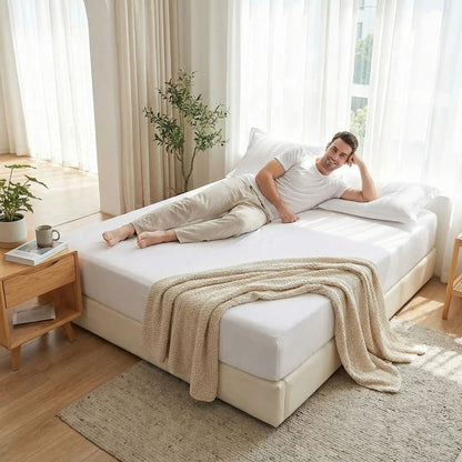 homme couché sur drap housse blanc180x200 cm Antidérapant Ultra 
