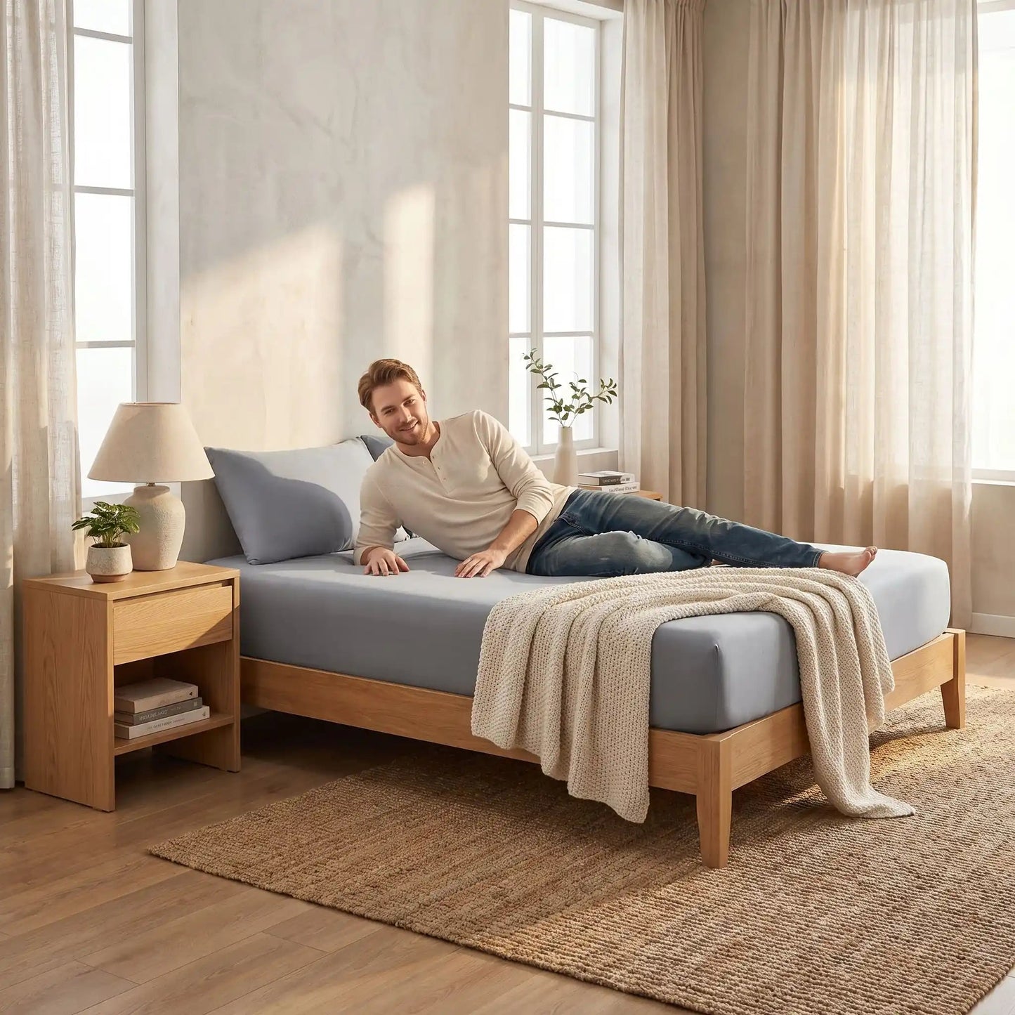 homme couché sur drap housse  gris ajustéplus  