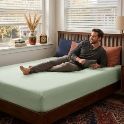 homme couché sur drap housse vert confort premium