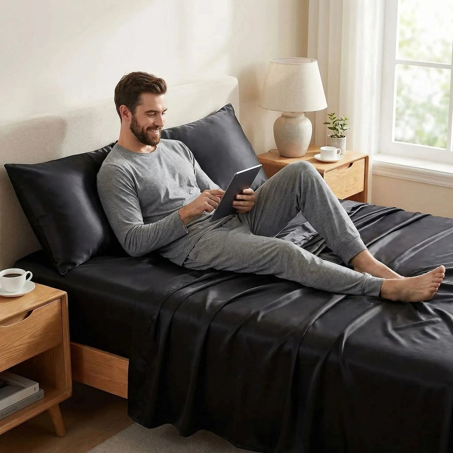 homme couché sur drap plat noir satin premium