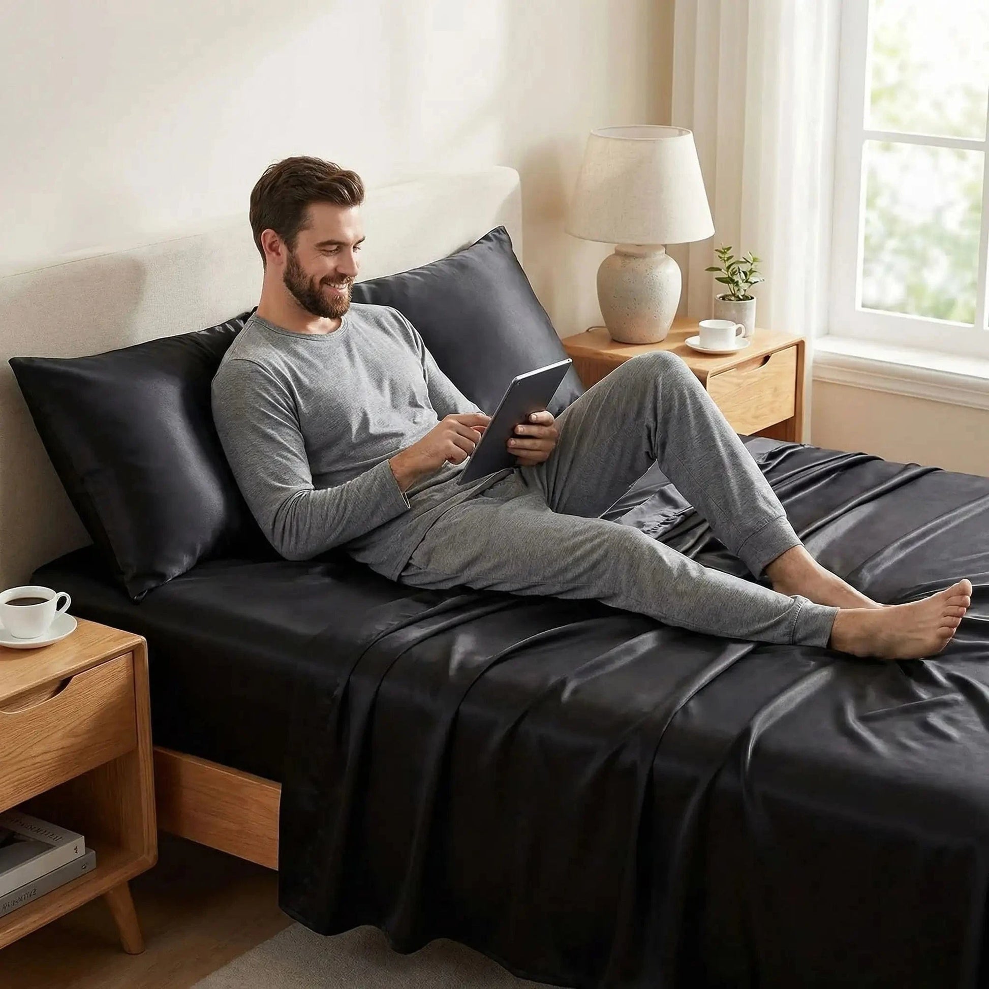homme couché sur drap plat noir satin premium