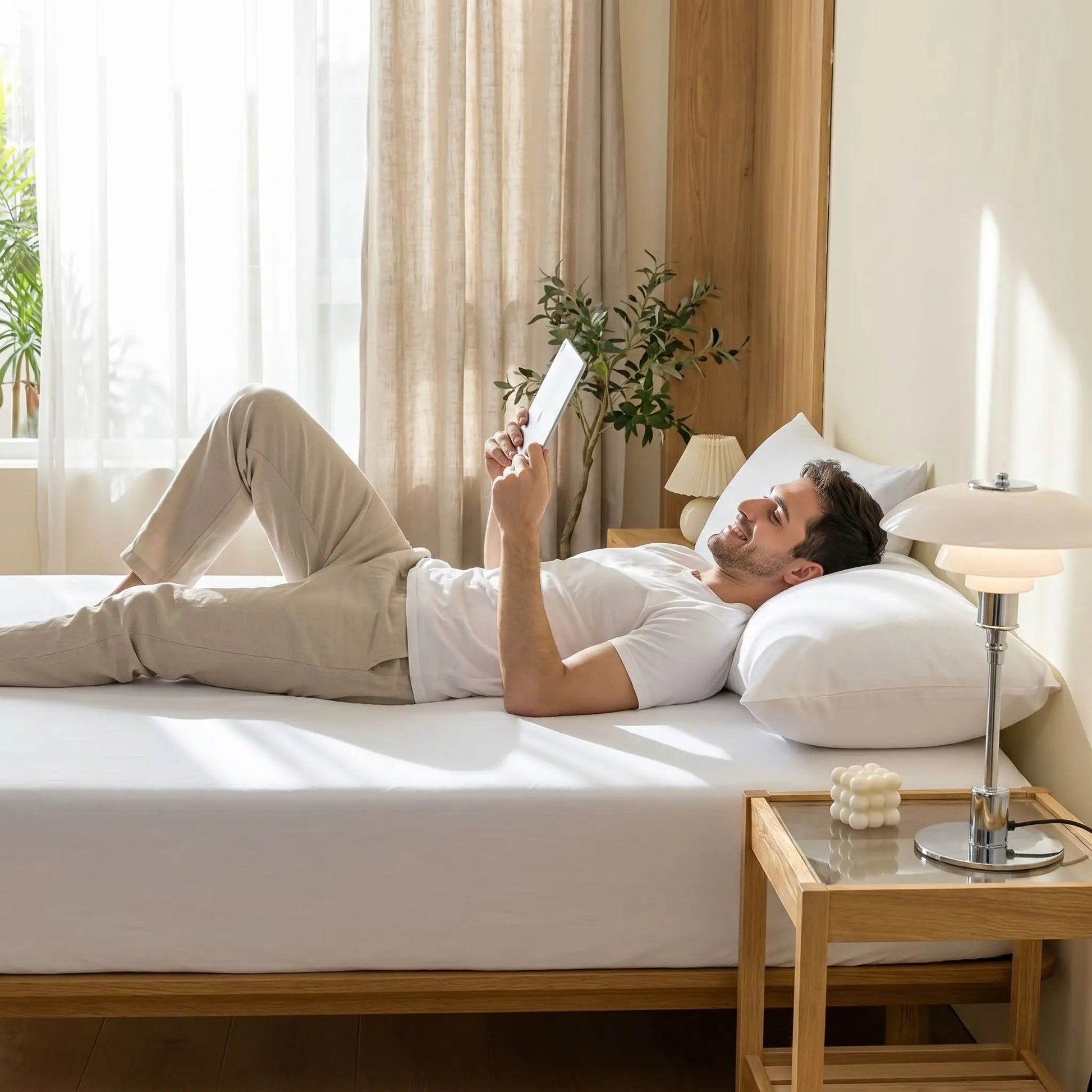 homme couché sur draps housses blancs imperméables silencieux