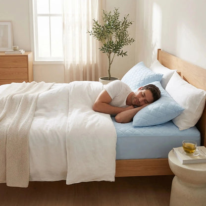 homme couché sur protege matelas bleu imperméable douceur