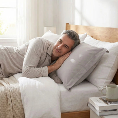 homme couché sur taie d oreiller 50x70 cm grise coton naturel
