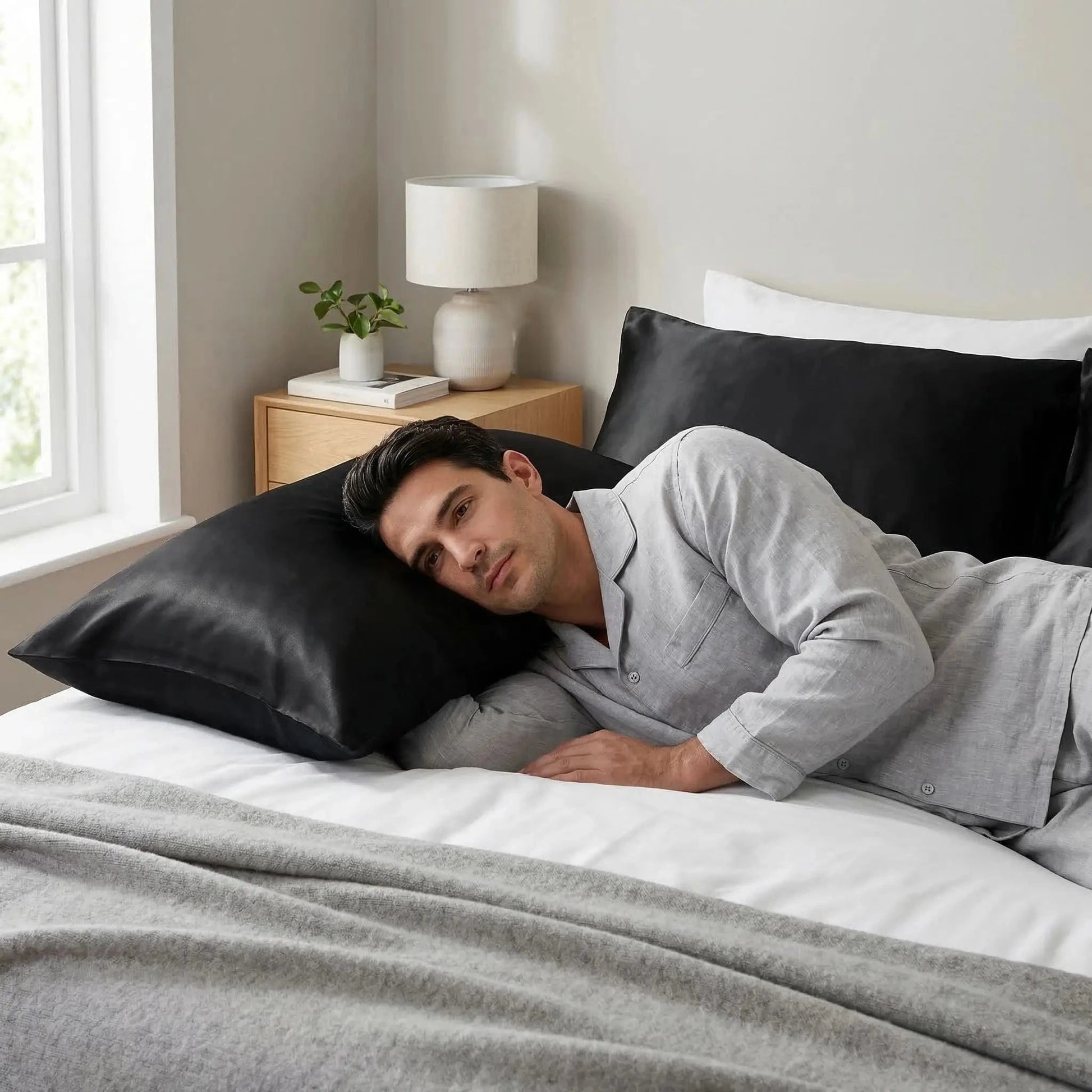 homme couché sur taie d oreiller en soie noire 