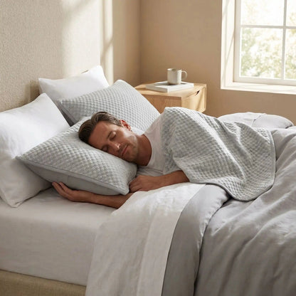 homme couché taie  d'oreiller nid d'abeille bleu ciel