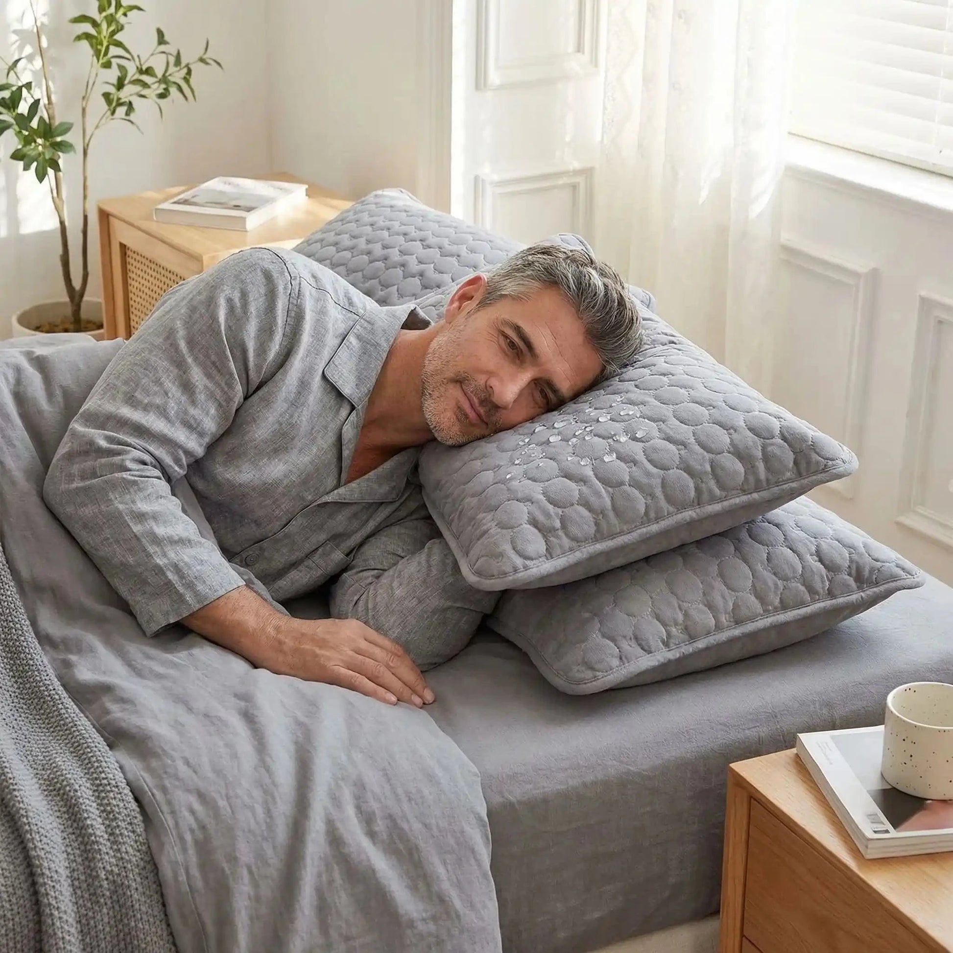 homme couché taies d'oreiller bleues
