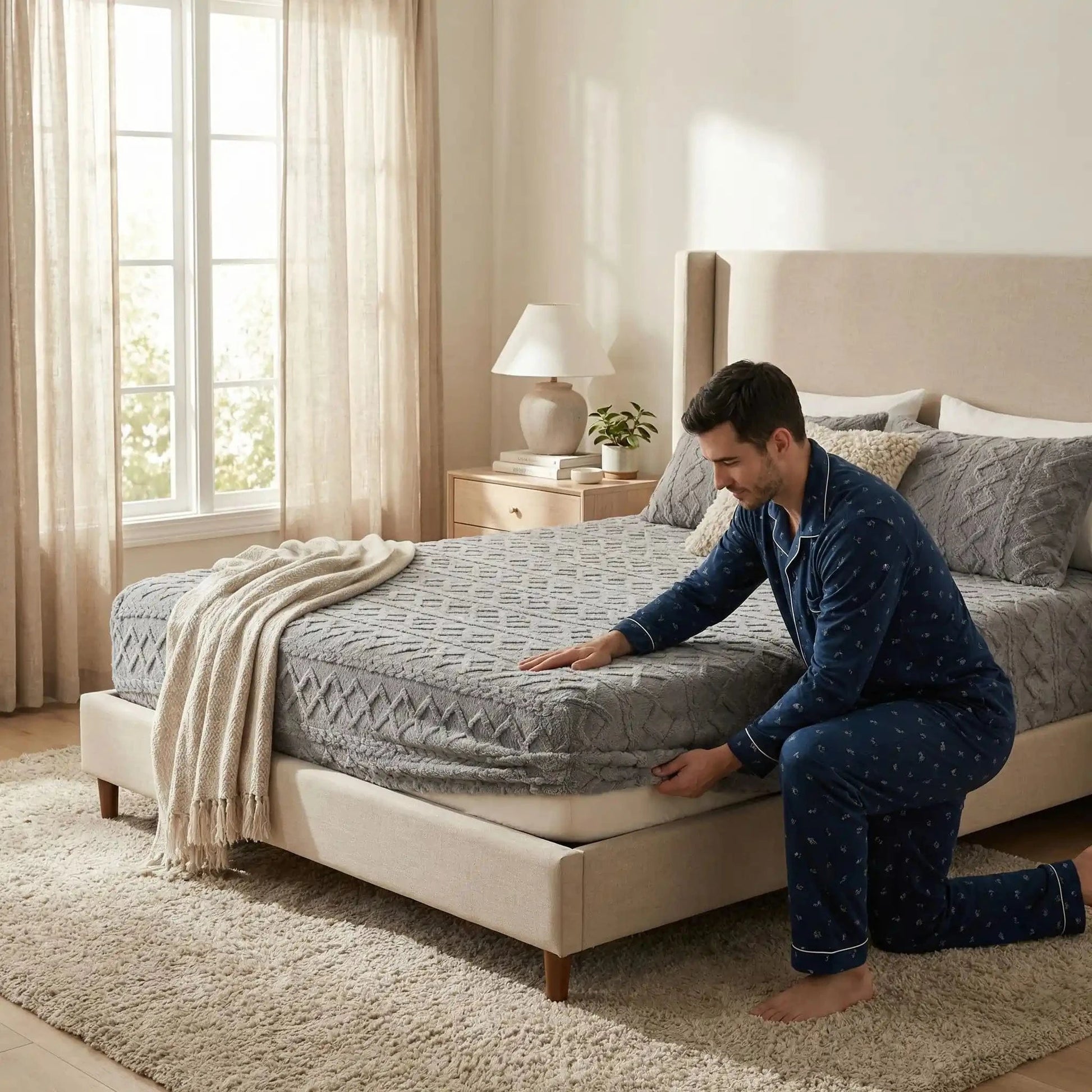 homme couvre son lit avec drap housse gris ultradoux