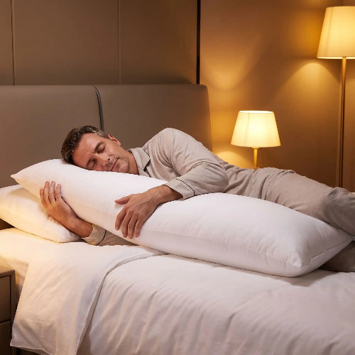 homme dort sous lumières sur traversin en 180 cm blanc rempli fibre blanche