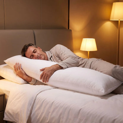 homme dort sous lumières sur traversin en 180 cm blanc rempli fibre blanche