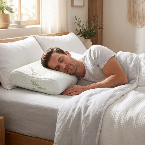 homme dort tête oreiller en bambou mémoire de forme vert clair