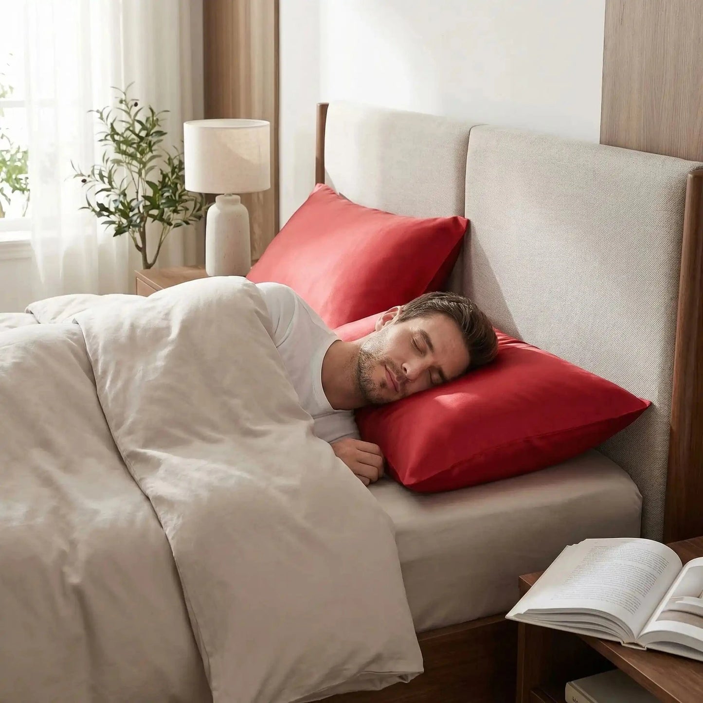 homme endormi avec taie d oreiller en soie rouge