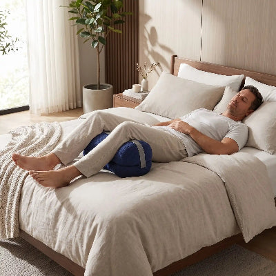 homme endormi jambes sur oreiller mémoire de forme bleu