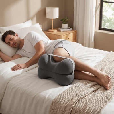 homme endormi oreiller mémoire de forme gris entre  genoux