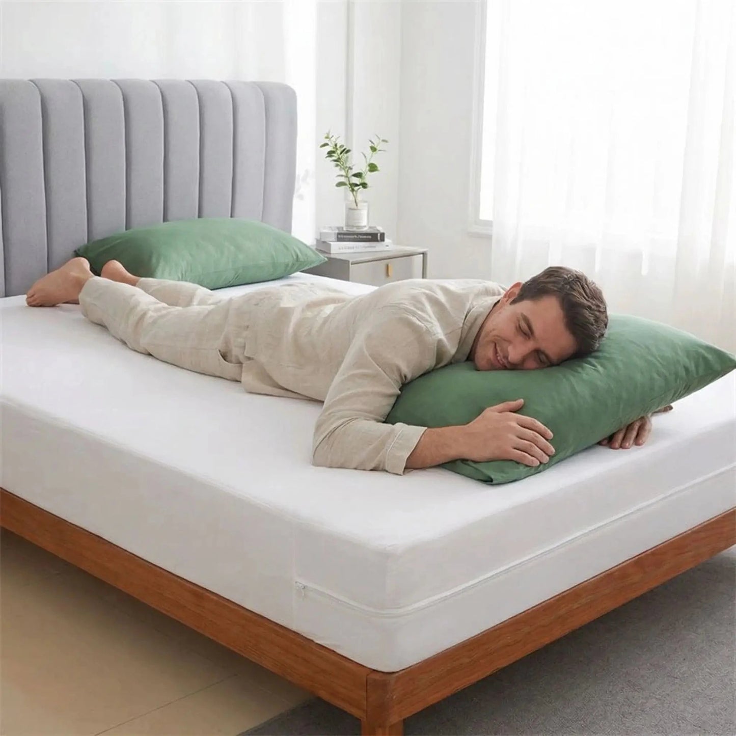homme endormi protege matelas blanc imperméable silencieux respirante 
