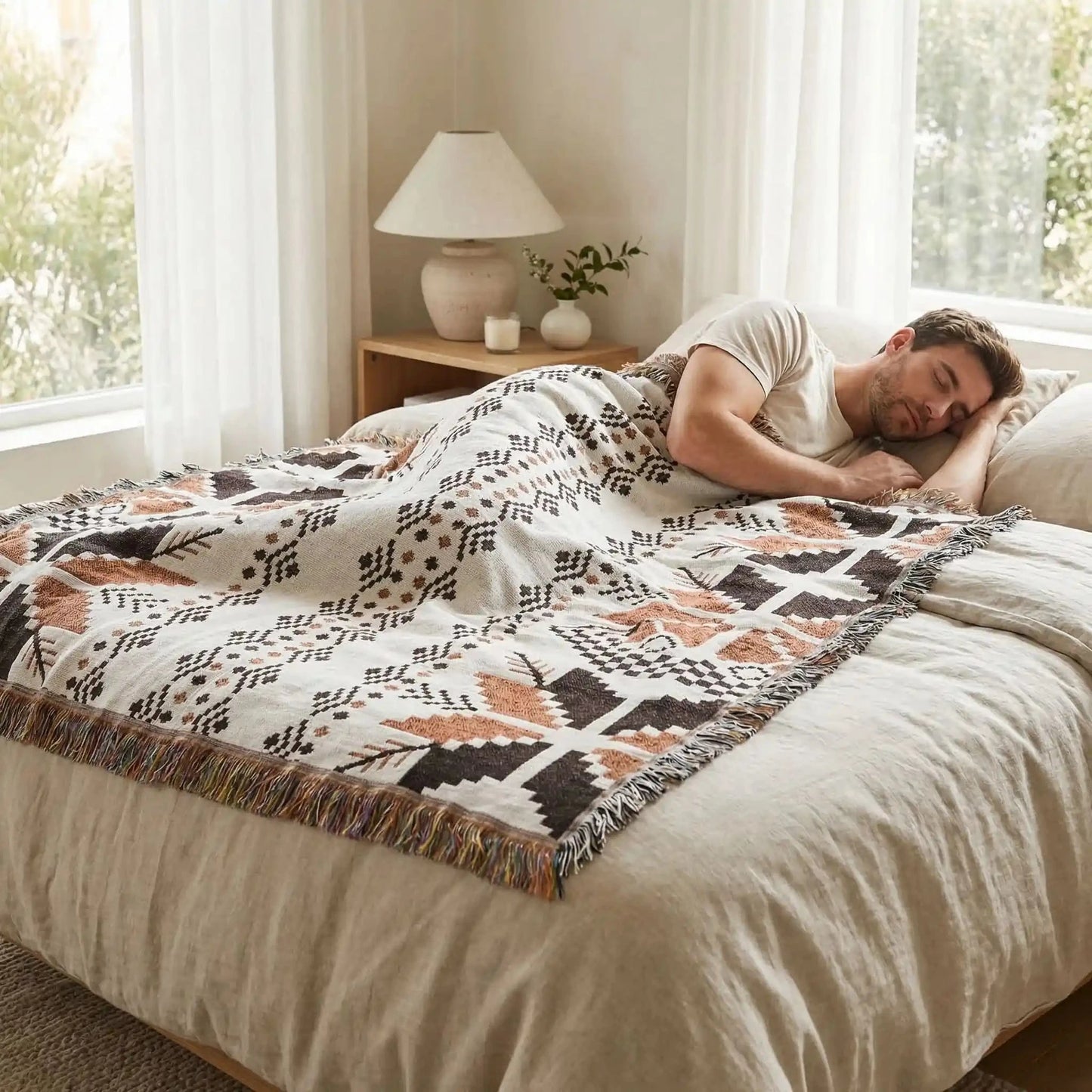 homme endormi sous couverture  ultra artisanale motifs géométriques