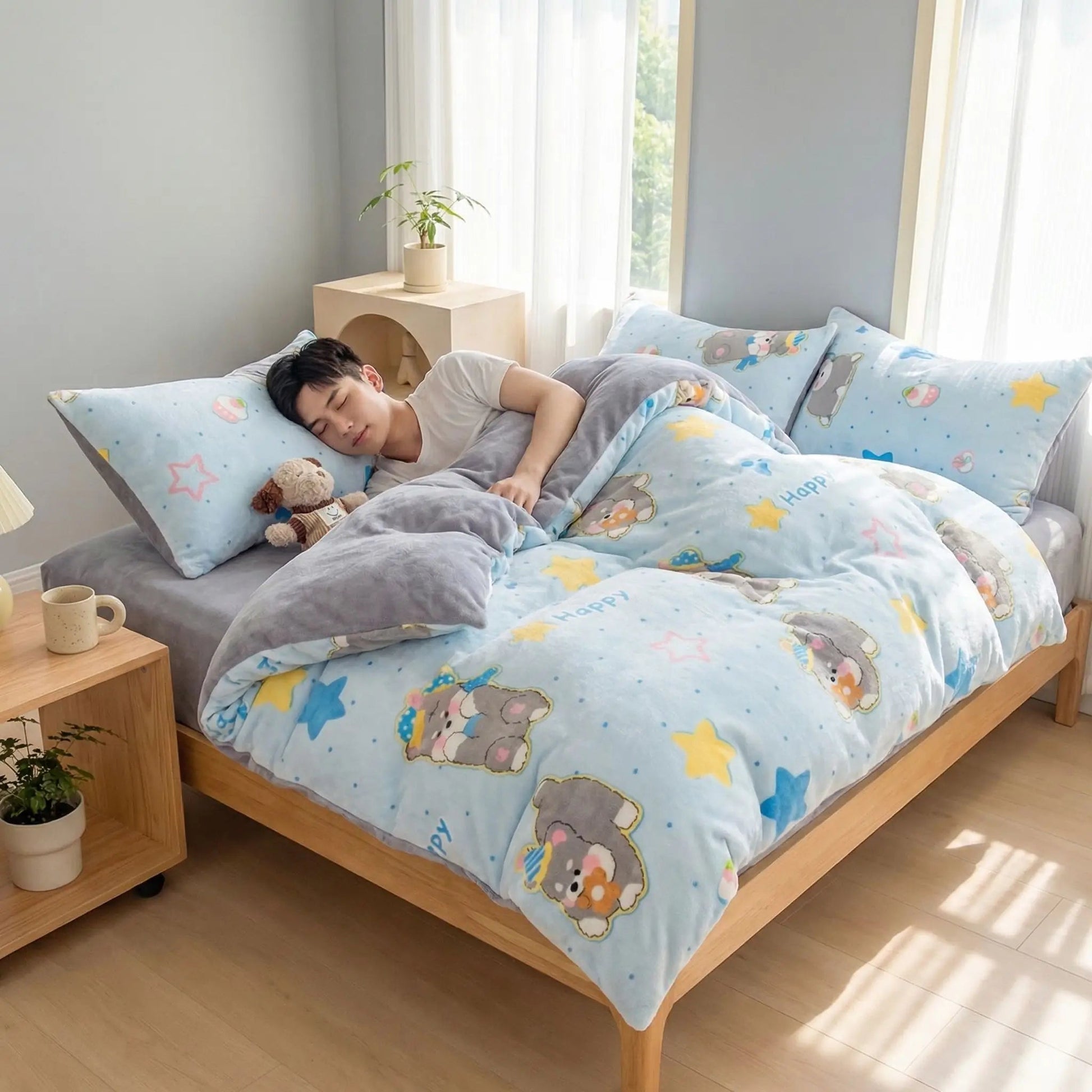 homme endormi sous sa housse de couette en flanelle ultra douce