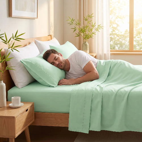 homme endormi sur drap d'été bambou fraîcheur vert