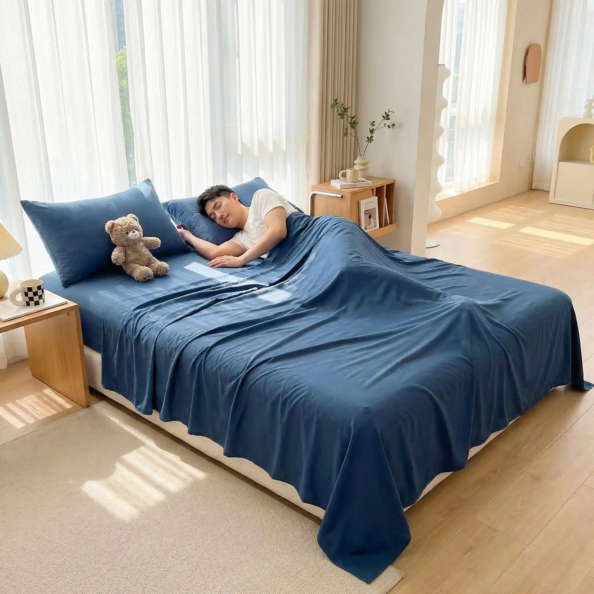 homme endormi sur drap plat 2 personnes  bleu foncé sans repassage