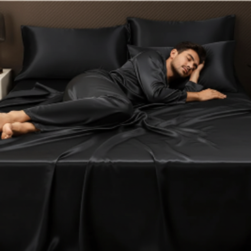 homme endormi sur drap plat Satin400™ noir 