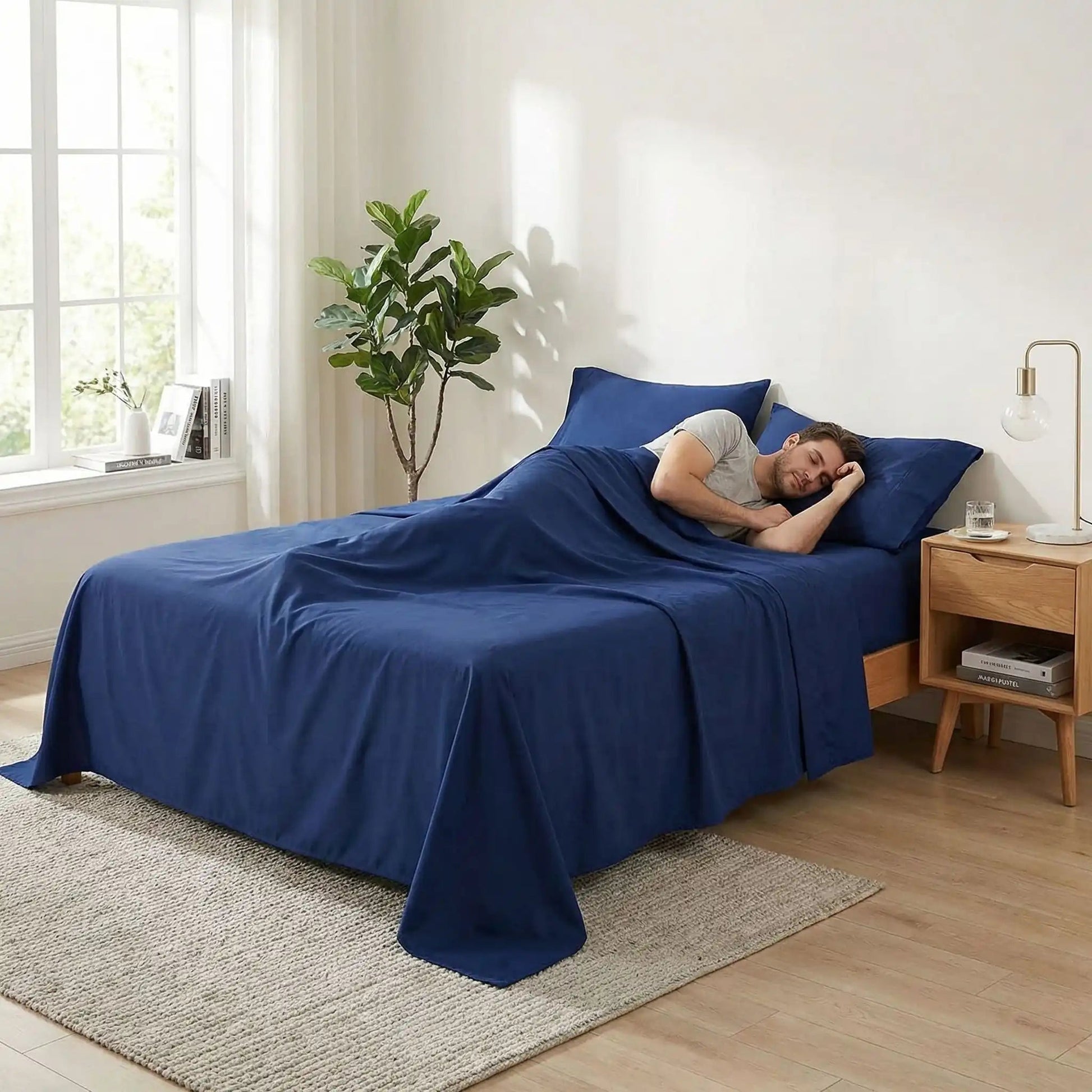 homme endormi sur drap plat bleu coton douceur