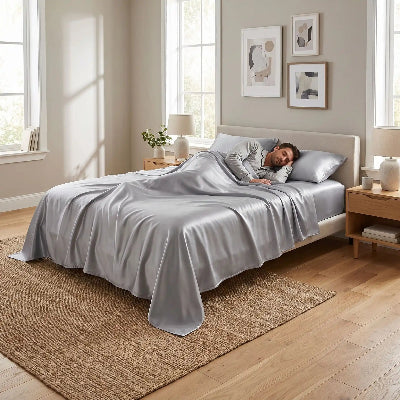 homme endormi sur drap plat gris 