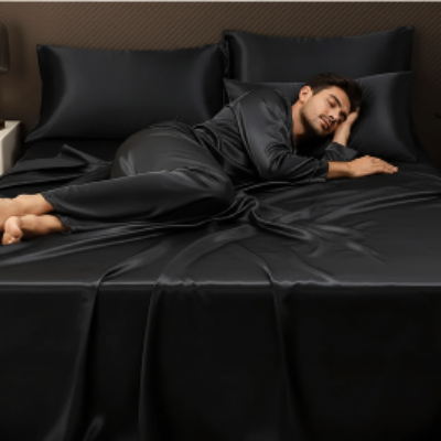 homme endormi sur drap plat noir satin premium