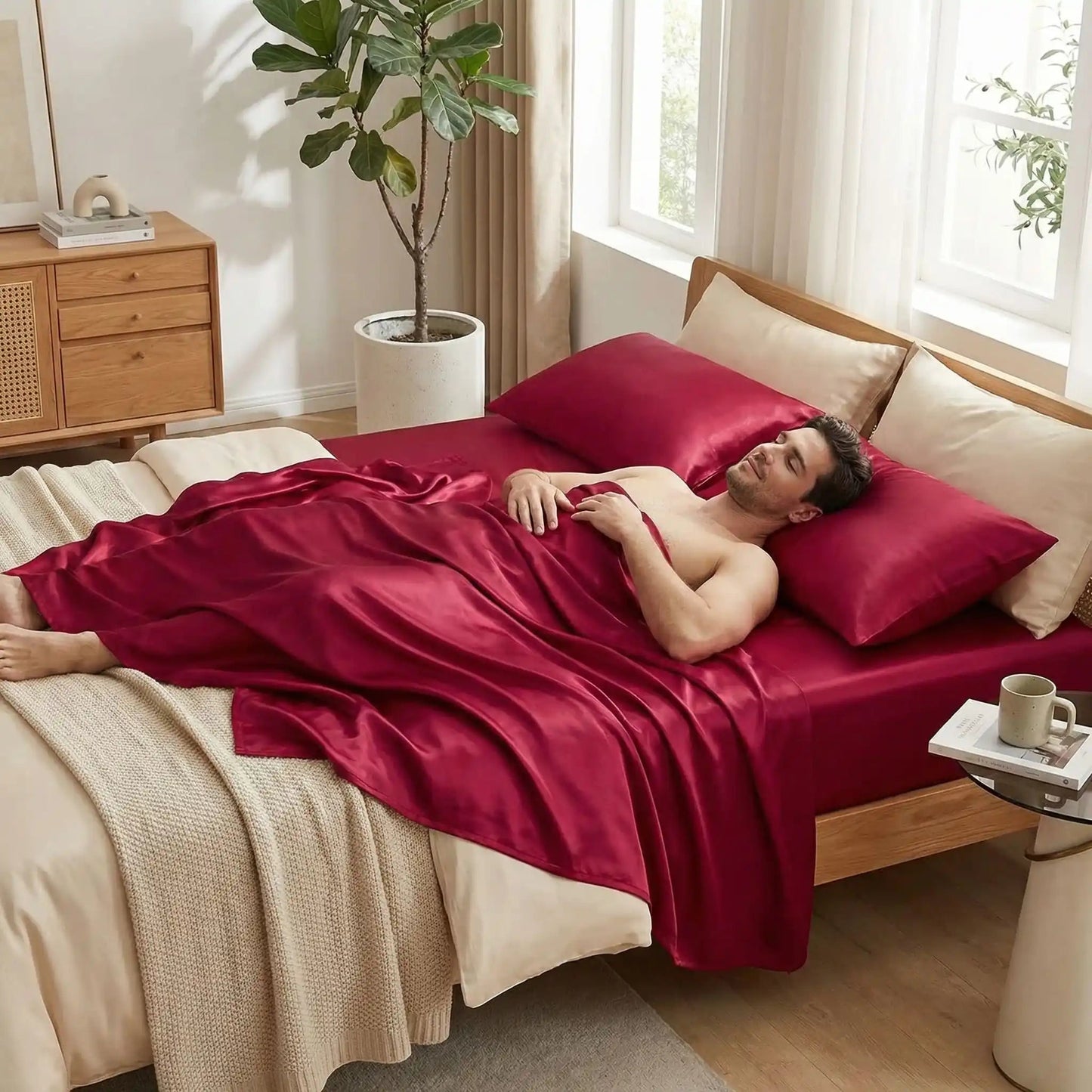 homme endormi sur drap plat rouge satin premium