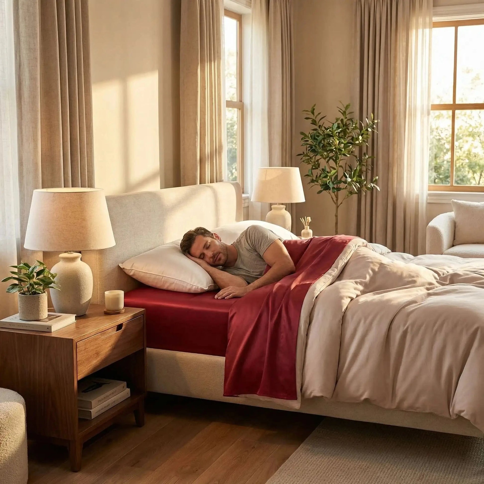 homme endormi sur draps housse rouge satin premium 