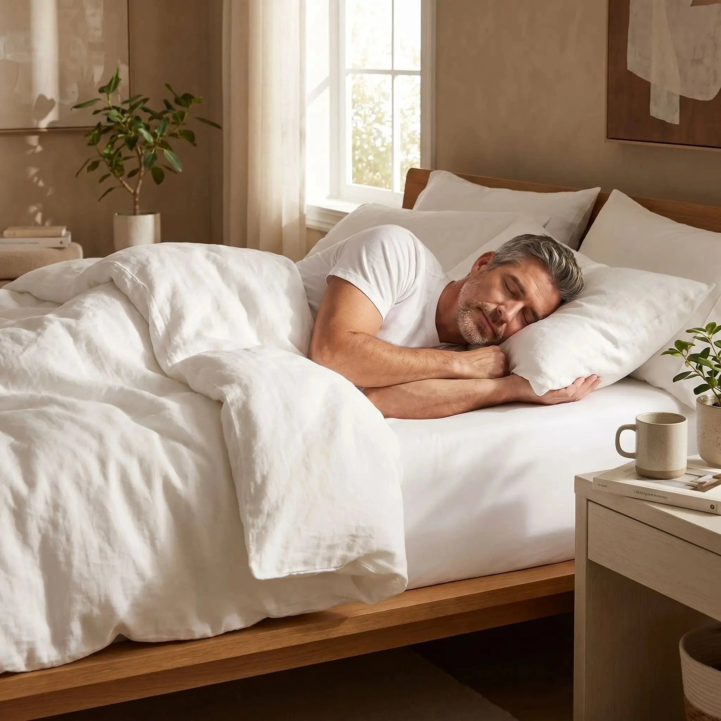 homme endormi sur draps housses blancs imperméables silencieux