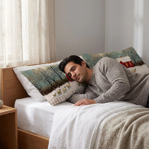 homme endormi sur housse d'oreiller 50x70 grise moutons blancs