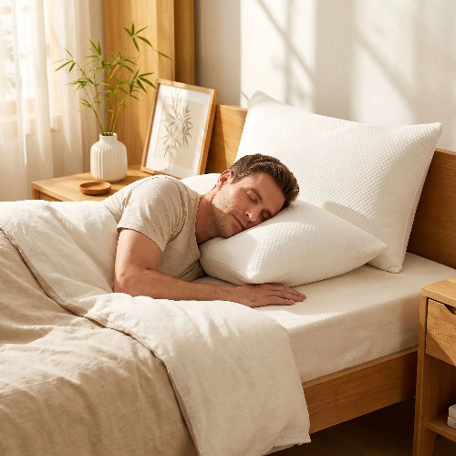 homme endormi sur lit tête sur housse taie d'oreiller blanche