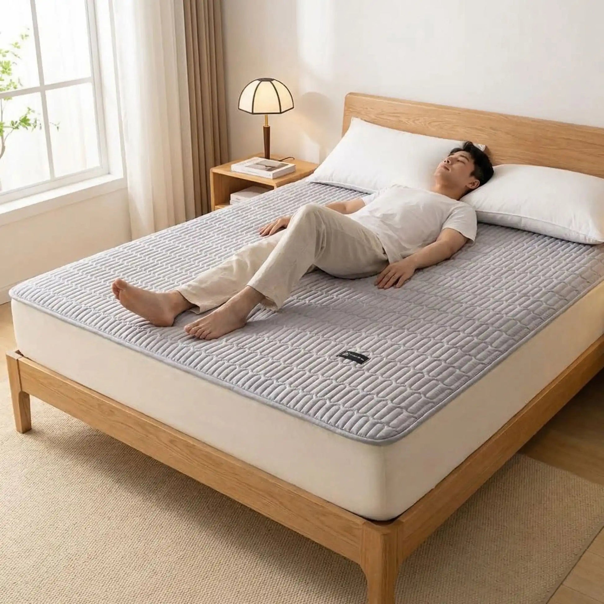 homme endormi sur protege matelas gris imperméable et respirant