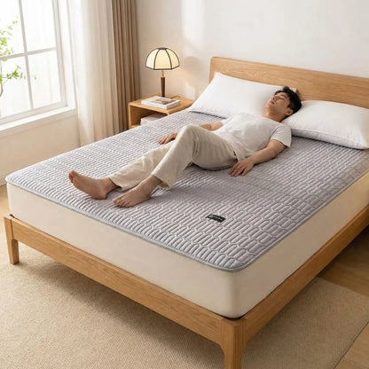  homme endormi sur protege matelas gris imperméable et respirant