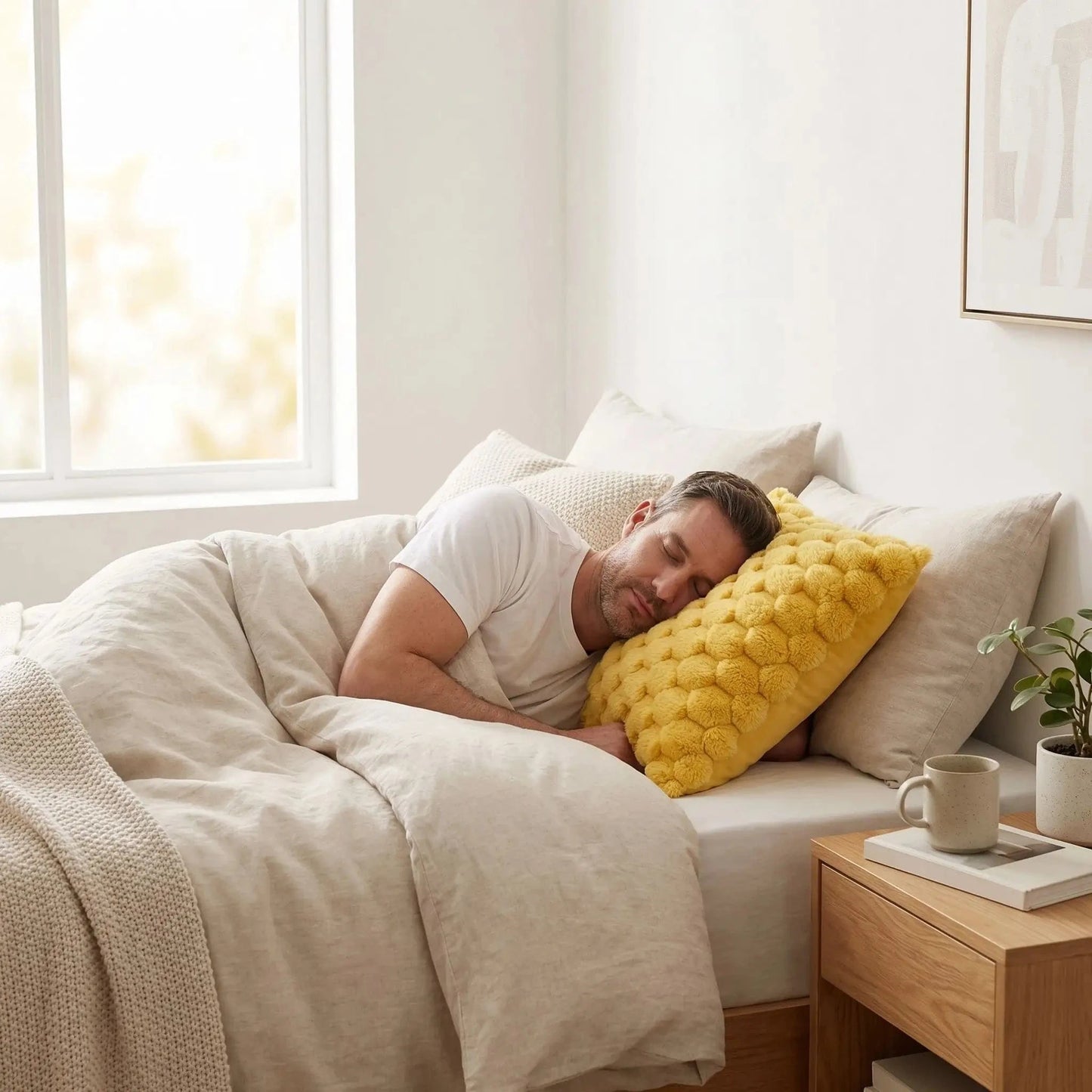 homme endormi sur taie d oreiller jaune luxueuse