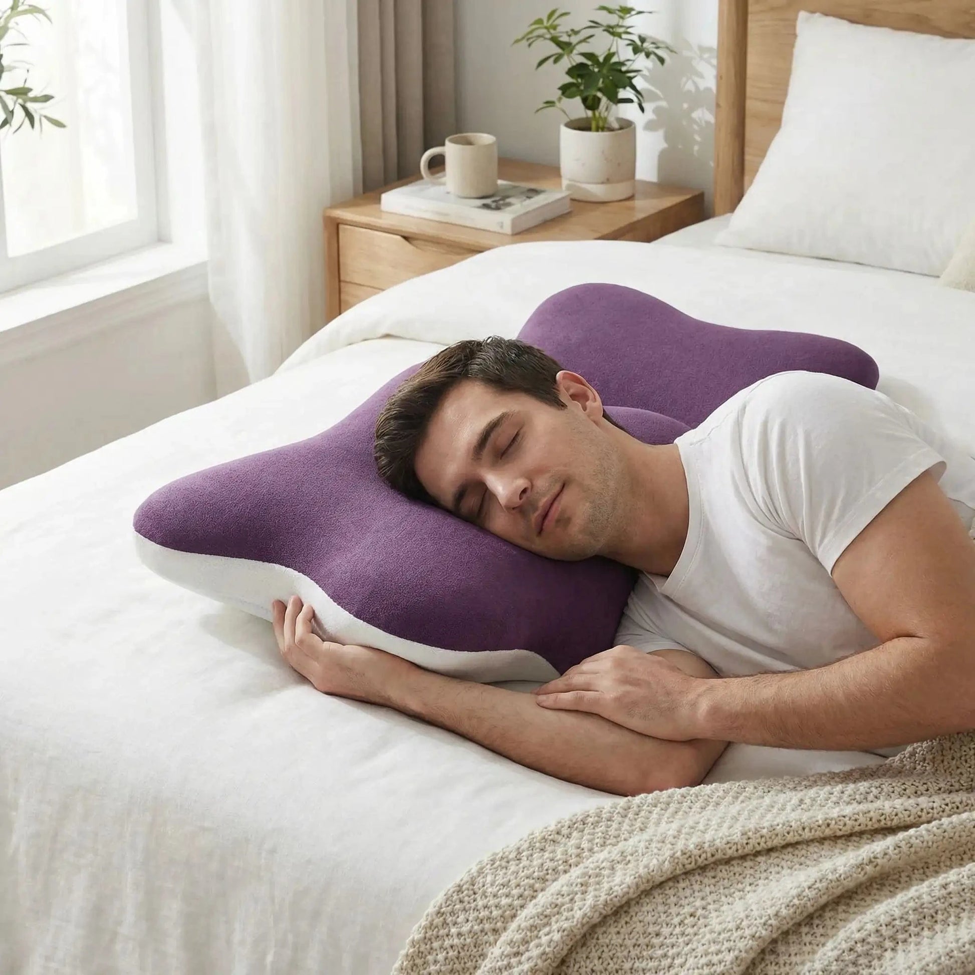 Homme endormi tête sur oreiller ergonomique pour cervicales violet
