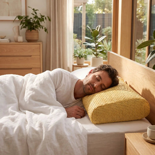 homme endormi tête sur oreiller mémoire de forme bambou ergonomique