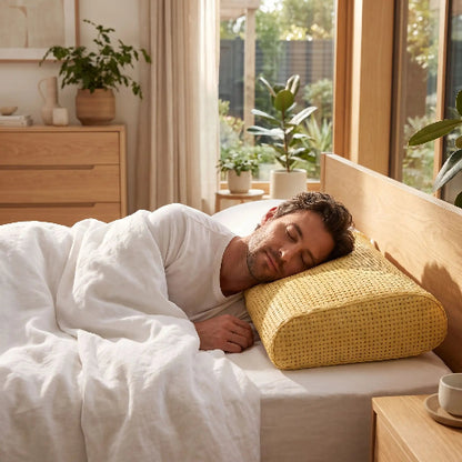 homme endormi tête sur oreiller mémoire de forme bambou ergonomique