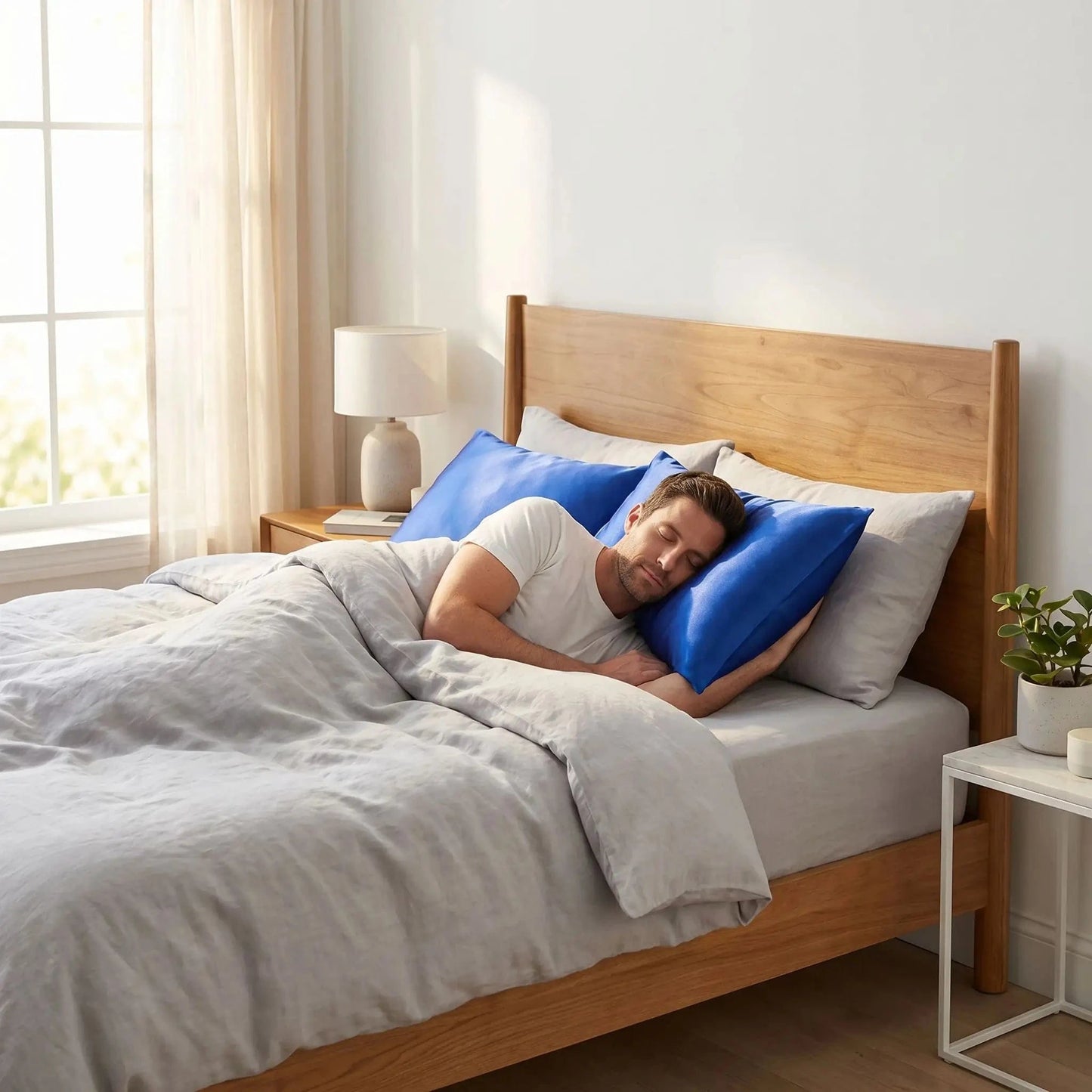 homme endormi tête sur taie d oreiller en soie bleue rêve de soie 