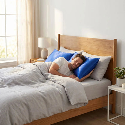 homme endormi tête sur taie d oreiller en soie bleue rêve de soie 