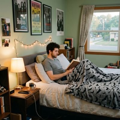 homme étudie dans chambre sous couverture grise tissu flanelle