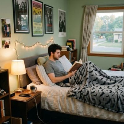 homme étudie dans chambre sous couverture tissu flanelle grise