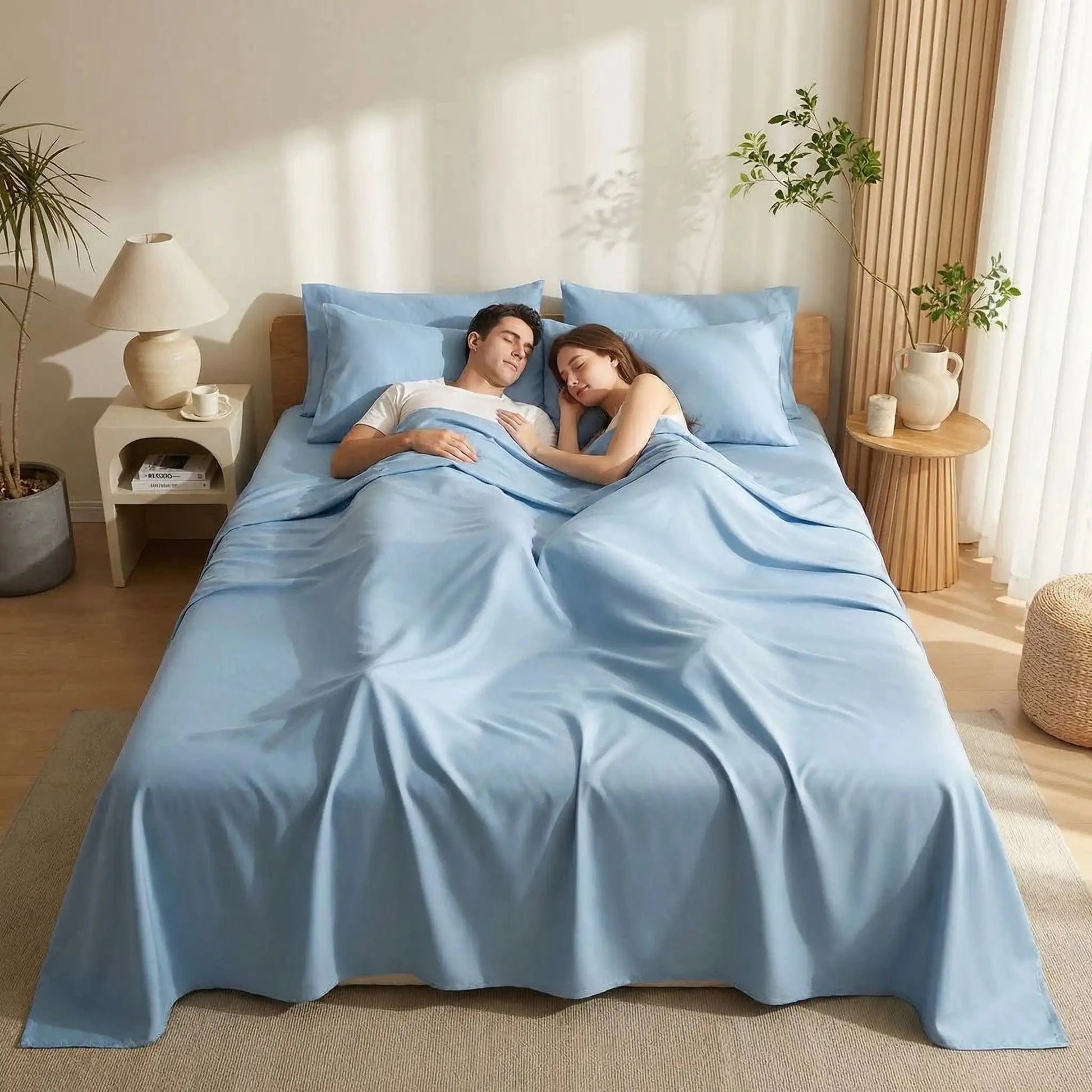 homme femme sur drap plat 2 personnes bleu clair sans repassage