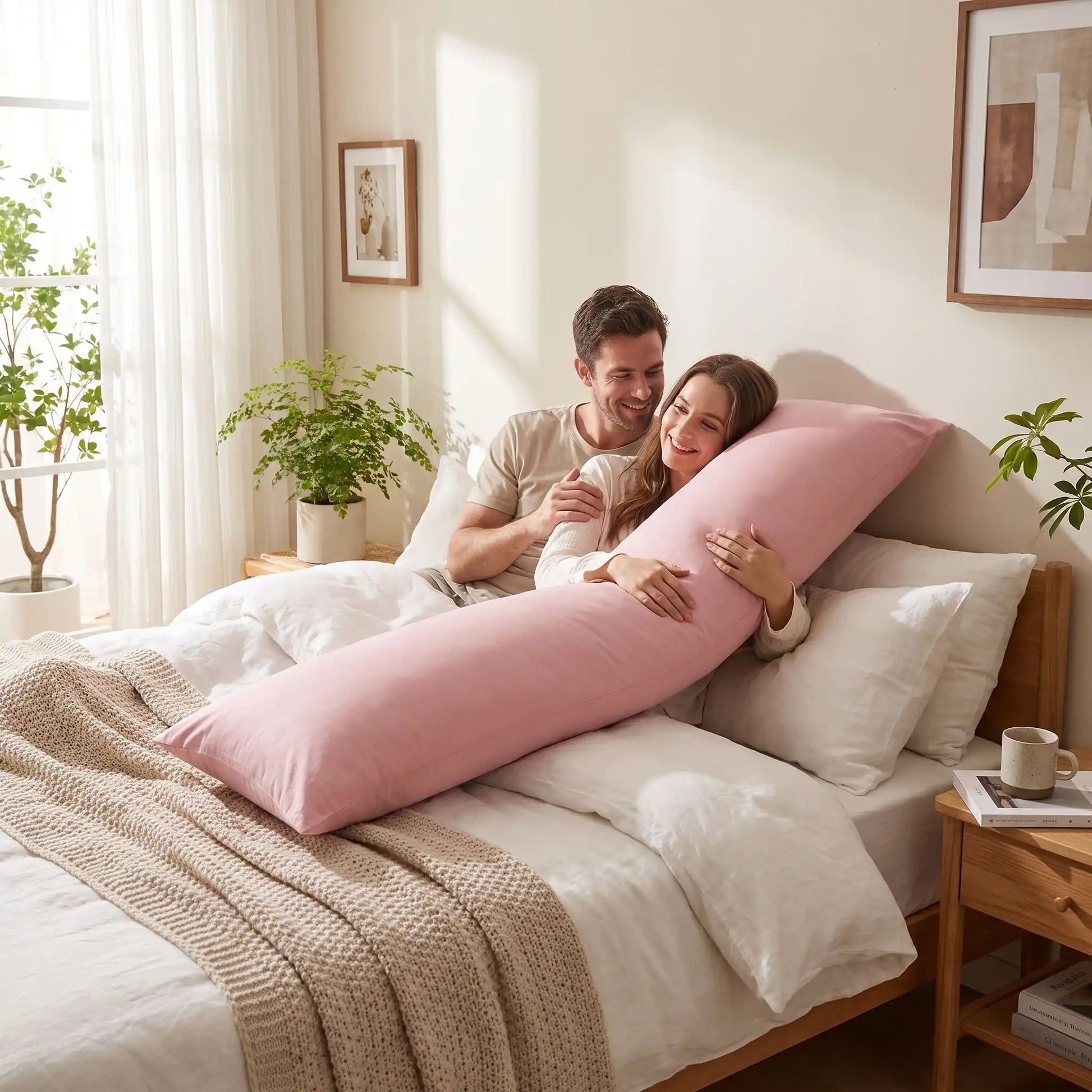 homme femme sur lit sourissent avec taie traversin rose 