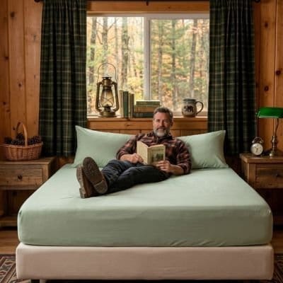 homme lit sur drap housse vert confort premium